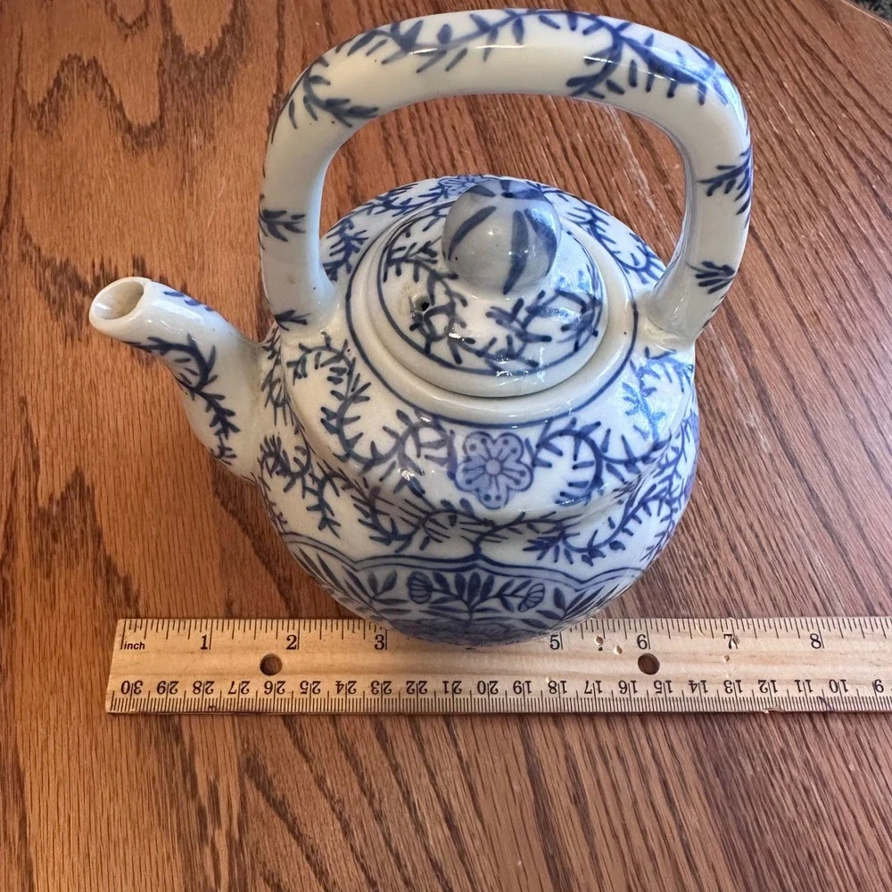 Vintage Teapot Small Blue White Chinoiserie Floral Ceramic Decor